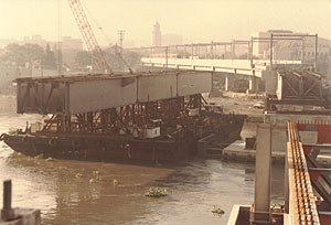 LRT bridge crossing Pasig River while under construction in the early 80s.